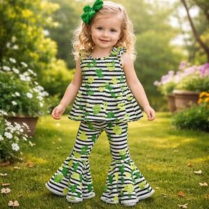 Bums & Roses St Patrick Shamrock Stripe Bamboo Peplum Bell Bottom Set 3T NWT's